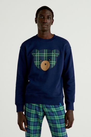 Crew neck sweater with teddy bear print for men