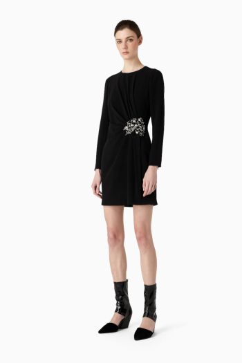 Women's long-sleeved cady crepe dress with draping and broderie