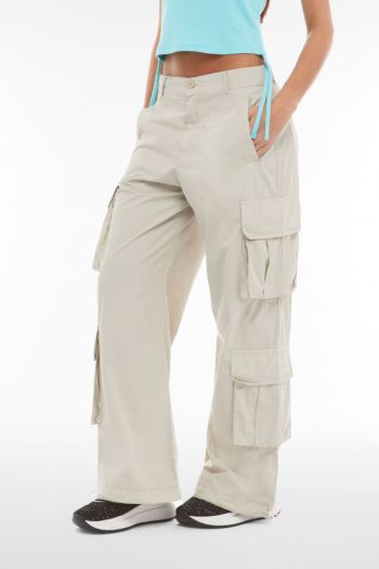 Pantaloni cargo baggy fit in popeline con quattro tasconi donna Beige