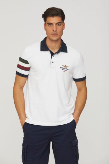 Men's piqué polo shirt with tricolor insert