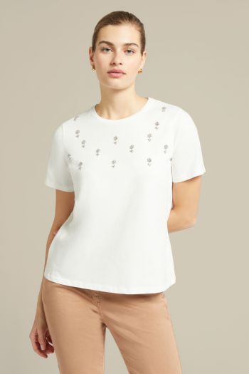 T-shirt con ricamo floreale donna Bianco