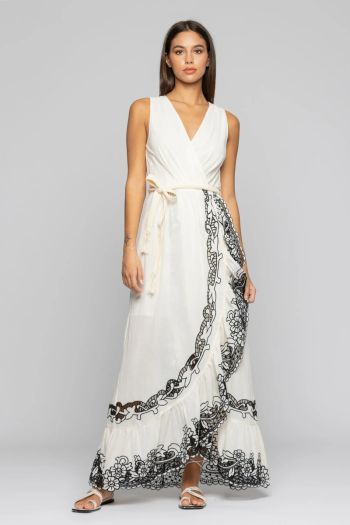Long dress with flounce and embroidery for women